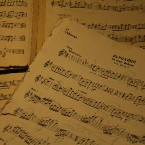 a close up of sheet music on a table
